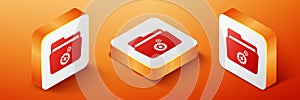 Isometric Folder settings with gears icon isolated on orange background. Concept of software update, transfer protocol, router,