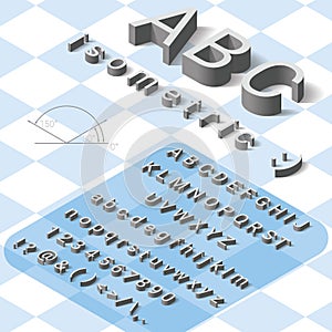 Isometric font alphabet with drop shadow on white