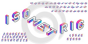Isometric font. Creative colored geometric alphabet. 3d gradient letters numbers sign vector set.