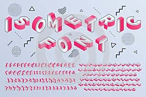 Isometric font. Geometric alphabet 3d letters cubic blocks and perspective numbers sign vector set