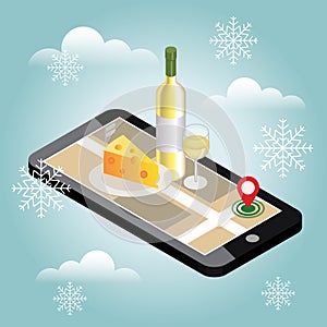 Isometric food delivering. Looking for bar or dinner in winter. Mobile searching.