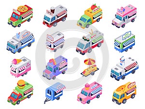 Isometric food trucks. Street carts, hot dog truck and outdoor coffee selling market 3d vector illustration set