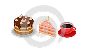 Isometric Foodstuff with Layered Chocolate Cake and Cup of Coffee Vector Set