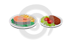 Isometric Foodstuff with Salmon Steak and Roasted Meat Slab on Plate Vector Set