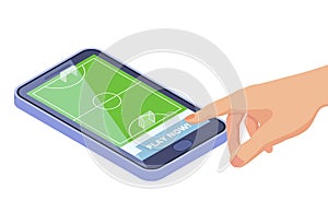 Isometric football field on smartphone - sport games mobile app vector concept