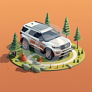 Isometric Ford Explorer Near Forest Path - Detailed Character Design