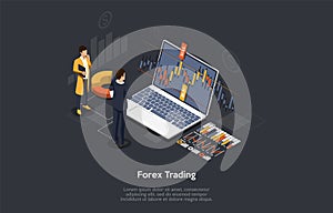 Isometric Forex Trading Concept. Traders Are Analysing the Chart. Vector illustration