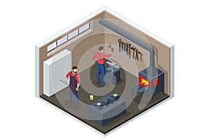 Isometric Forge, blacksmith. Strong blacksmith with hammer and anvil forge iron. Blacksmith in workshop