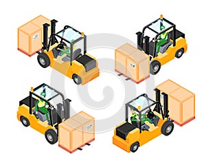 Isometric Forklift loaded in all views with driver