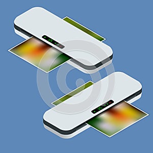 Isometric format colour printers, document laminating machine isolated on white background. Blank paper being laminated