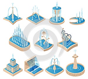 Isometric fountain set for outdoor park. Icon collection. Modern architecture decor with splashing drops. Vector city