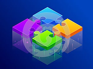 Isometric four color piece jigsaw puzzle together. Partners connect, puzzle piece, partner building concept. Vector