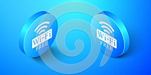 Isometric Free Wi-fi icon isolated on blue background. Wi-fi symbol. Wireless Network icon. Wi-fi zone. Blue circle
