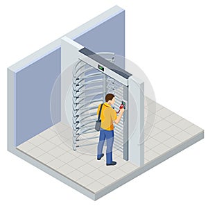 Isometric Full height turnstile security system. Security gates. Access control equipment. Magnetic card access