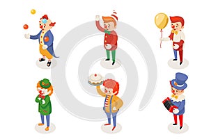 Isometric fun clowns characters icon set isolated flat design vector illustration