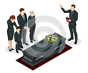 Isometric Funeral ceremony at the cemetery. Sad and crying people in black clothes are standing with flowers near the