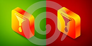Isometric Funnel or filter icon isolated on green and red background. Square button. Vector