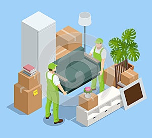 Isometric Furniture delivery, moving house service concept. Carton boxes with stuff. Relocation.