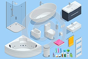 Isometric furniture elements, bathroom elements shower cabin, shower, bathtub, toilet bowl, bidet and heated towel rail