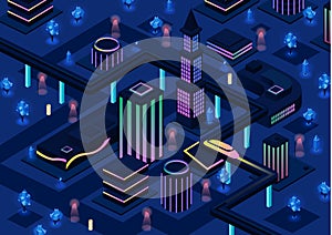 Isometric futuristic city vector illustration of 3d future night smart city infrastructure with illumination technology