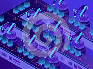 Isometric futuristic production line. Industrial warehouse automation, smart robotic arms and factory machines vector illustration
