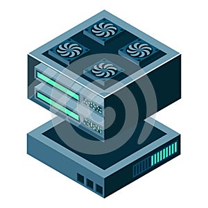 Isometric futuristic server. Isometric database or data center. Abstract blockchain. Computer storage. Cloud storage. Vector