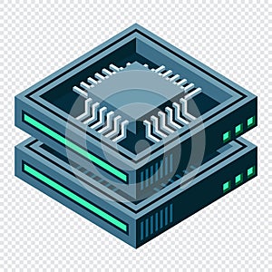 Isometric futuristic server. Isometric database or data center. Abstract blockchain. Computer storage. Cloud storage. Vector