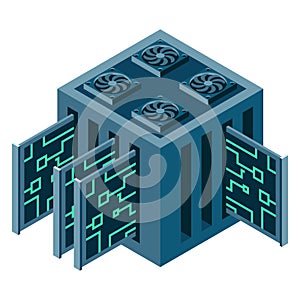 Isometric futuristic server. Isometric database or data center. Abstract blockchain. Computer storage. Cloud storage. Vector