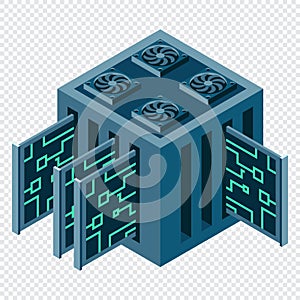 Isometric futuristic server. Isometric database or data center. Abstract blockchain. Computer storage. Cloud storage. Vector