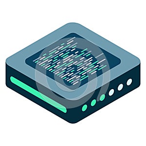 Isometric futuristic server. Isometric database or data center. Abstract blockchain. Computer storage. Cloud storage. Vector