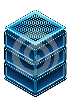 Isometric futuristic server. Isometric database or data center. Abstract blockchain. Computer storage. Cloud storage. Vector