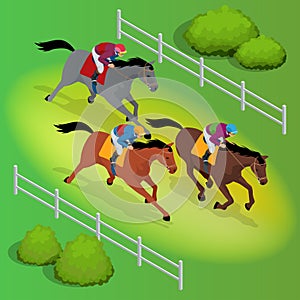 Isometric galloping race horses in racing competition competing with each other. Vector illustration. Equestrian sport