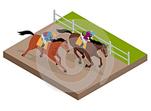 Isometric galloping race horses in racing competition competing with each other. Vector illustration. Equestrian sport