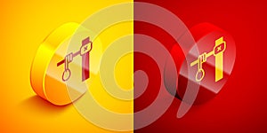 Isometric Gallows rope loop hanging icon isolated on orange and red background. Rope tied into noose. Suicide, hanging