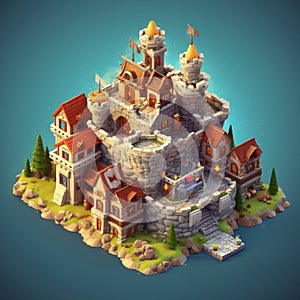Isometric Game Asset: Clash of Clans Castle (3D). Generative AI photo