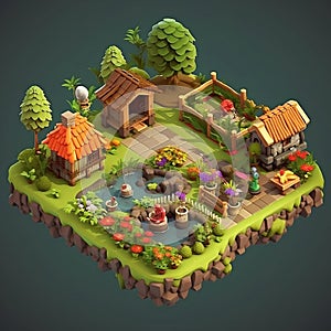 Isometric Game Asset: Clash of Clans Garden (3D). Generative AI photo