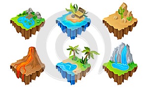 Isometric Game Islands Vector Illustrated Set. Different Landscapes Scenes Collection.