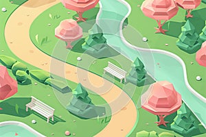 Isometric game map of a peaceful park in a pastel colors. winding path and a bench overlooking a pond. By generative Ai