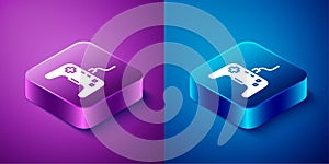 Isometric Gamepad icon isolated on blue and purple background. Game controller. Square button. Vector