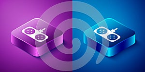 Isometric Gamepad icon isolated on blue and purple background. Game controller. Square button. Vector Illustration
