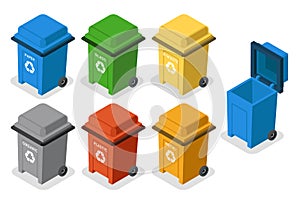 Isometric garbage cans trash separation recycling isolated 3d flat design icons set vector illustration