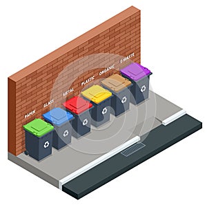 Isometric Garbage containers of different types. Sorting paper, plastic, metal, bio, e-waste and glass. Segregation