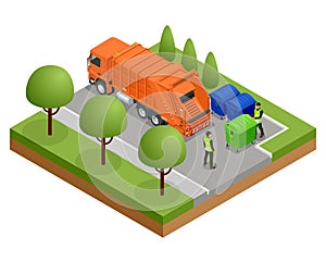 Isometric Garbage Truck or Recycle Truck in City. Garbage Recycling and Utilization Equipment. City waste recycling