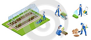 Isometric gardeners, farmers and workers caring for the garden, growing agricultural products. Rows of plants growing