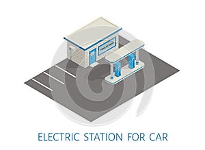 Isometric gas, electric filling station brickwork building road 3d illustration