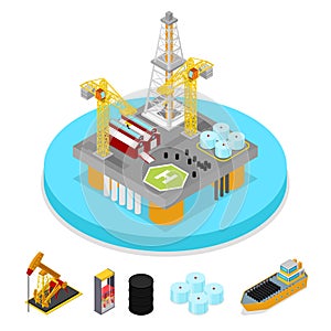 Isometric Gas and Oil Industry. Platform Drilling in Ocean. Fuel Production