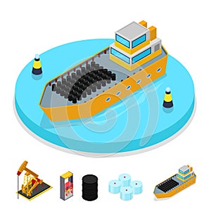 Isometric Gas and Oil Industry. Ship with Barrels. Fuel Production