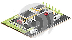 Isometric Gas Station with Trucks and Vans. Petroleum Filling Station. Infographic Element. Vector Illustration