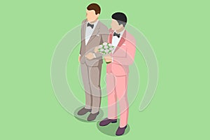 Isometric Gay couple on wedding day, elebration, homosexuality, same-sex marriage and love