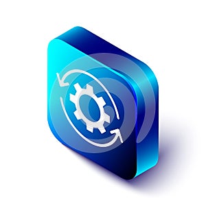 Isometric Gear and arrows as workflow concept icon isolated on white background. Gear reload sign. Blue square button